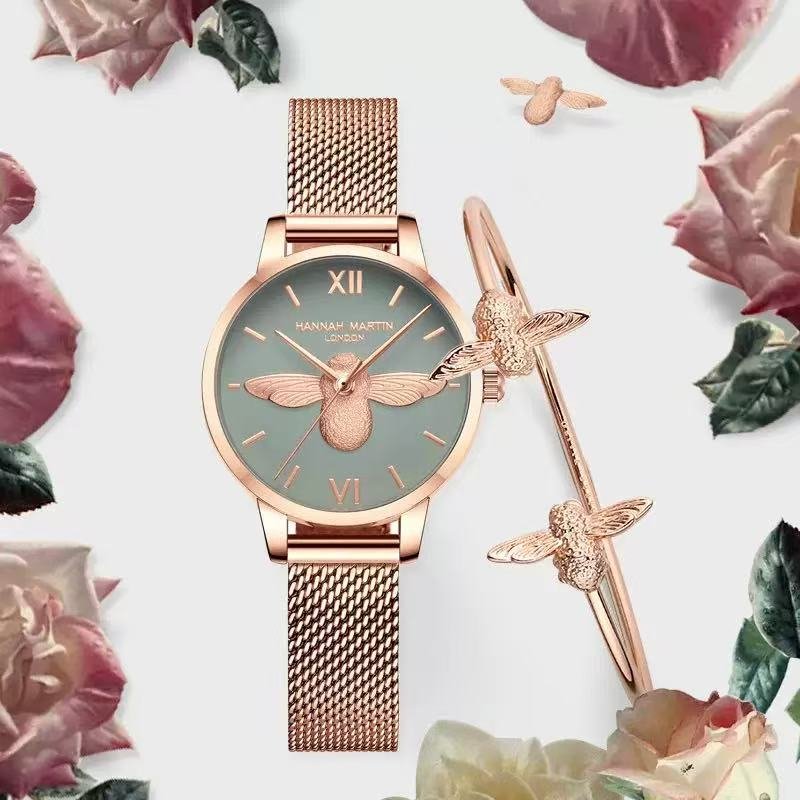 Hannah Martin Rose Gold Bee Watch & Bracelet Gift Set for Women